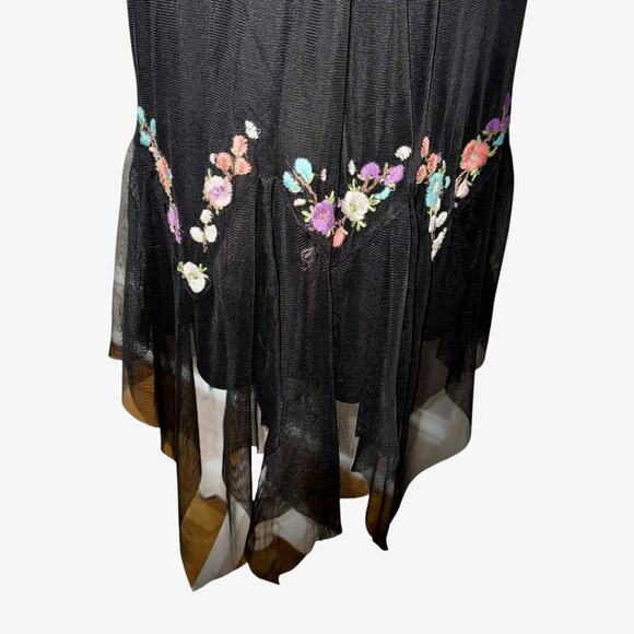 Mixit Y2K Black Embroidered Floral Beaded Hanky Hem Thin Strap Cocktail Dress 14 - Picture 7 of 10